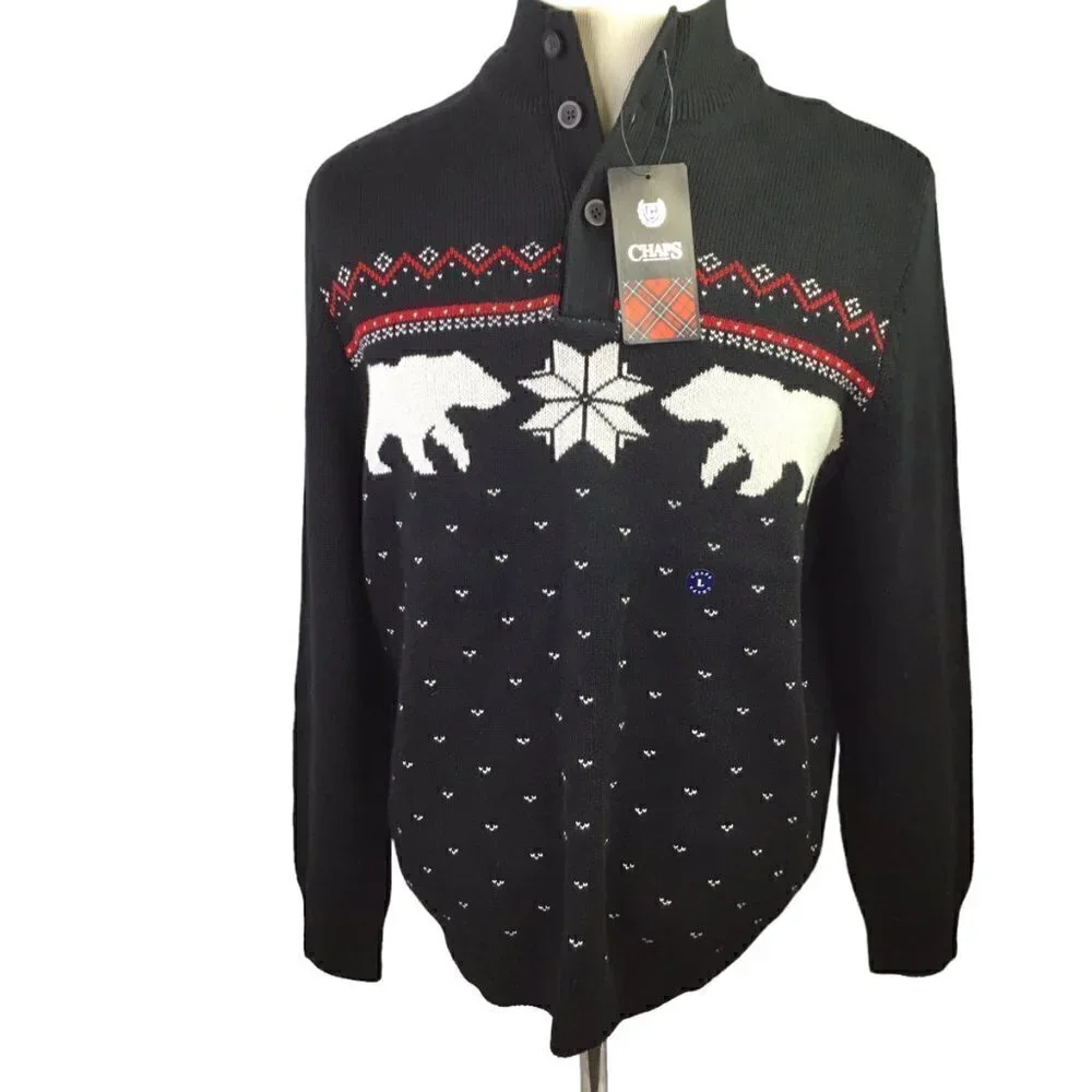 Chaps NWT Polar Bear Pullover Black Size L Fair Isle Snowflake Winter Christmas